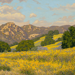 A vibrant landscape featuring rolling hills, yellow wildflowers, and distant mountains under a blue sky with clouds.